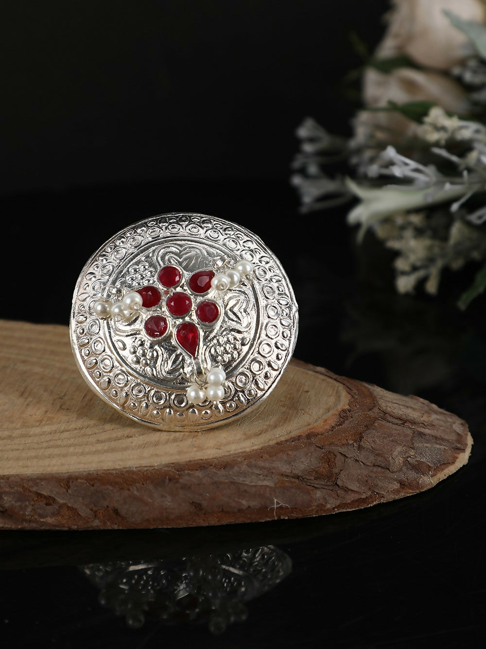 Red Stone Statement Ring in Silver Tone Handcrafted Jewelry