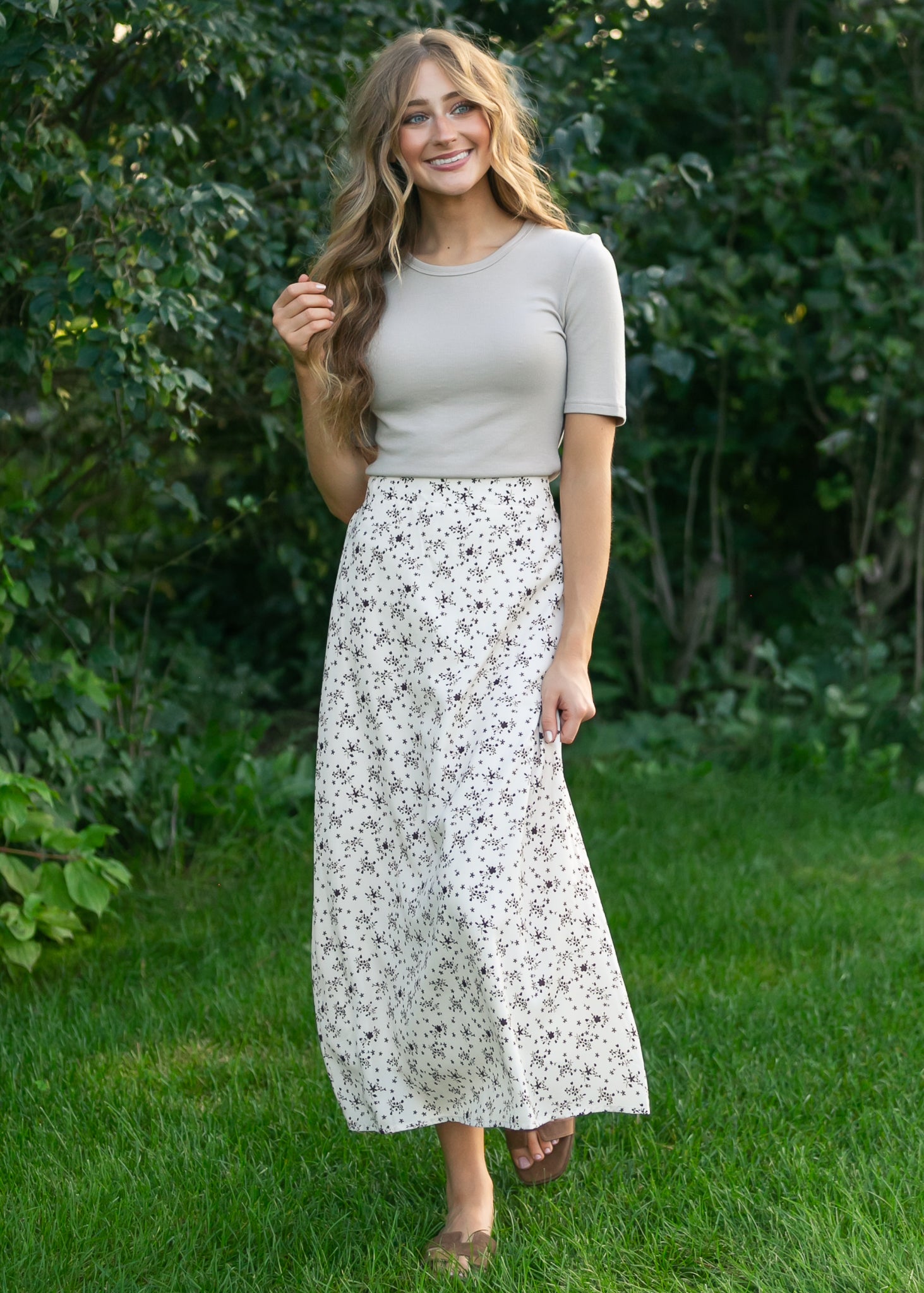 Braylyn Brown Floral Midi Skirt | Silky A-Line