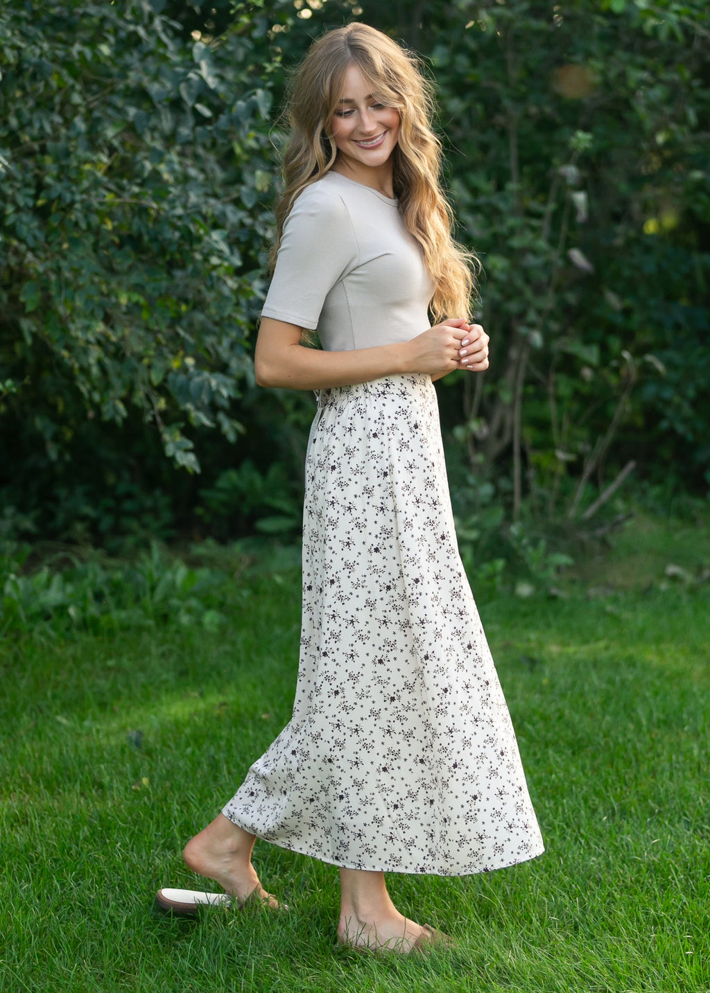 Braylyn Brown Floral Midi Skirt | Silky A-Line