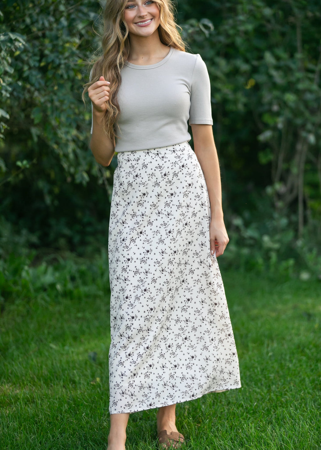 Braylyn Brown Floral Midi Skirt | Silky A-Line