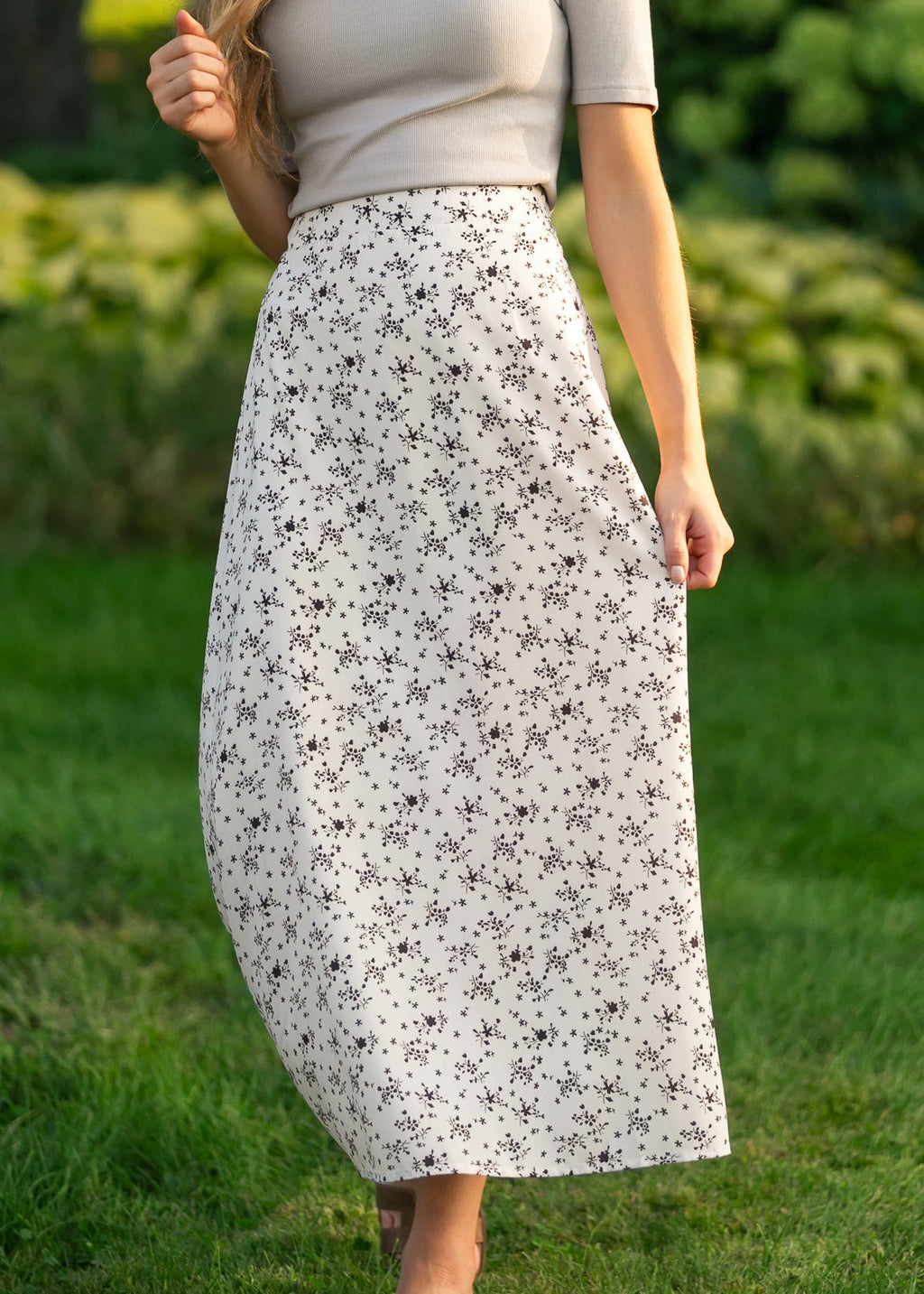 Braylyn Brown Floral Midi Skirt | Silky A-Line