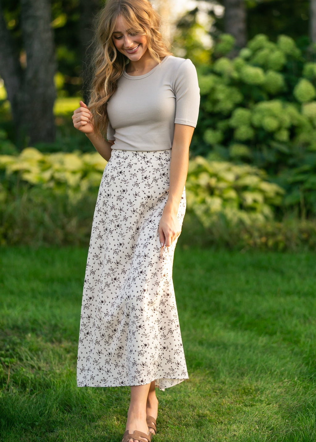 Braylyn Brown Floral Midi Skirt | Silky A-Line