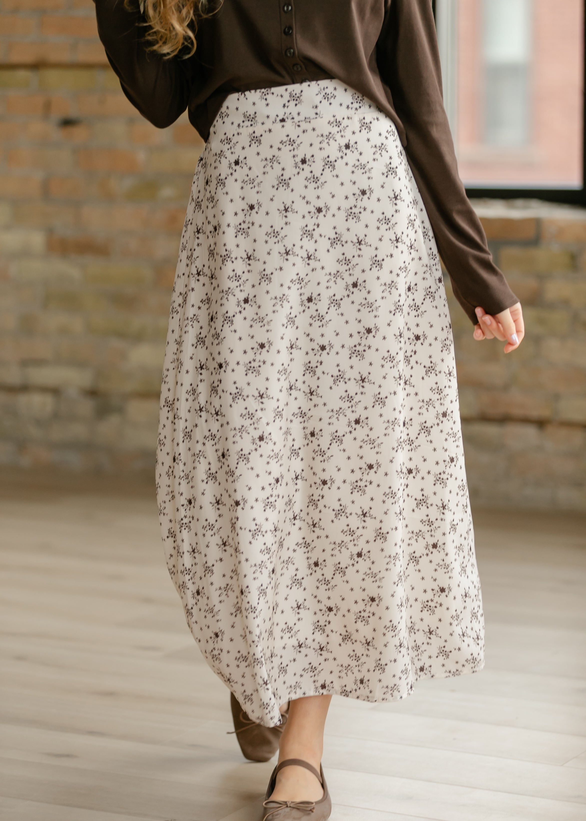 Braylyn Brown Floral Midi Skirt | Silky A-Line