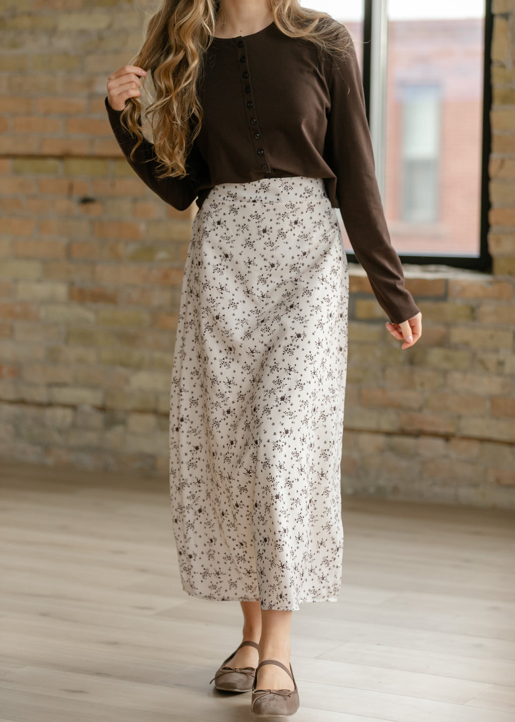 Braylyn Brown Floral Midi Skirt | Silky A-Line