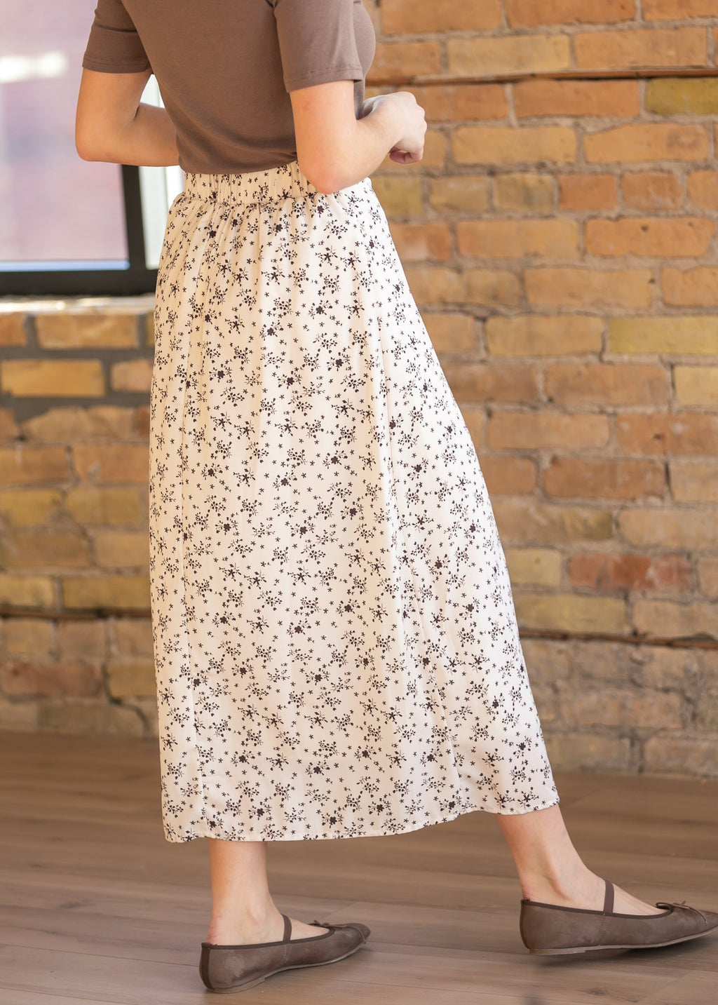 Braylyn Brown Floral Midi Skirt | Silky A-Line
