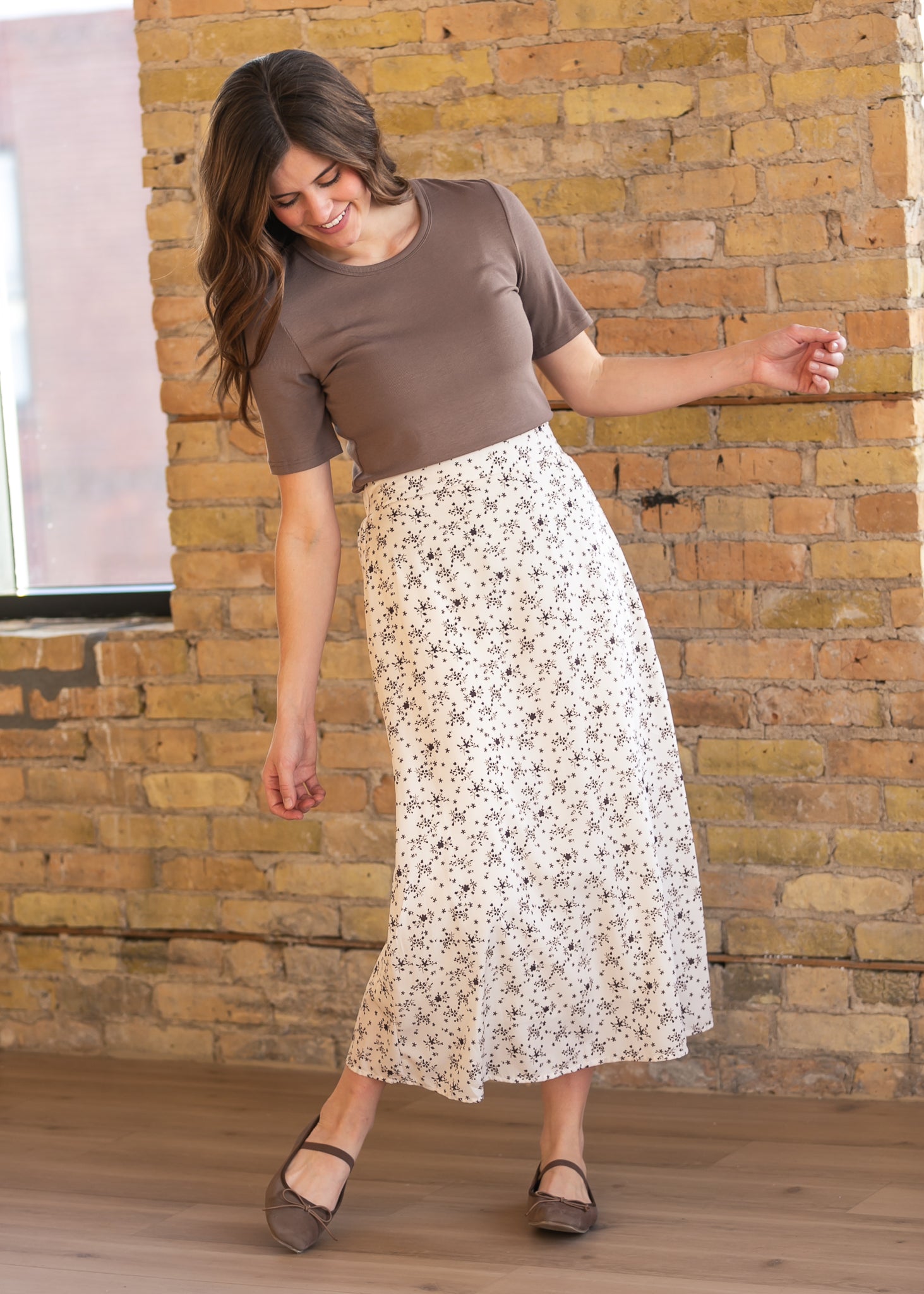 Braylyn Brown Floral Midi Skirt | Silky A-Line