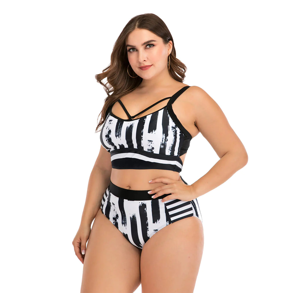 Women's Black and White Printed High Waist Bikini Swimsuit - Image 7