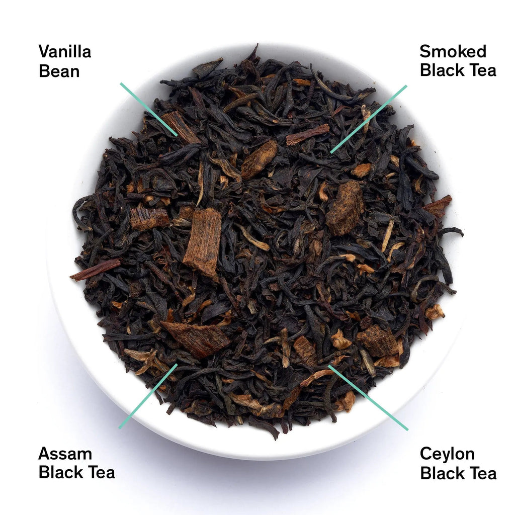 A bowl of dry Breakfast Smoky Vanilla Black Tea leaves alongside its black packaging pouch