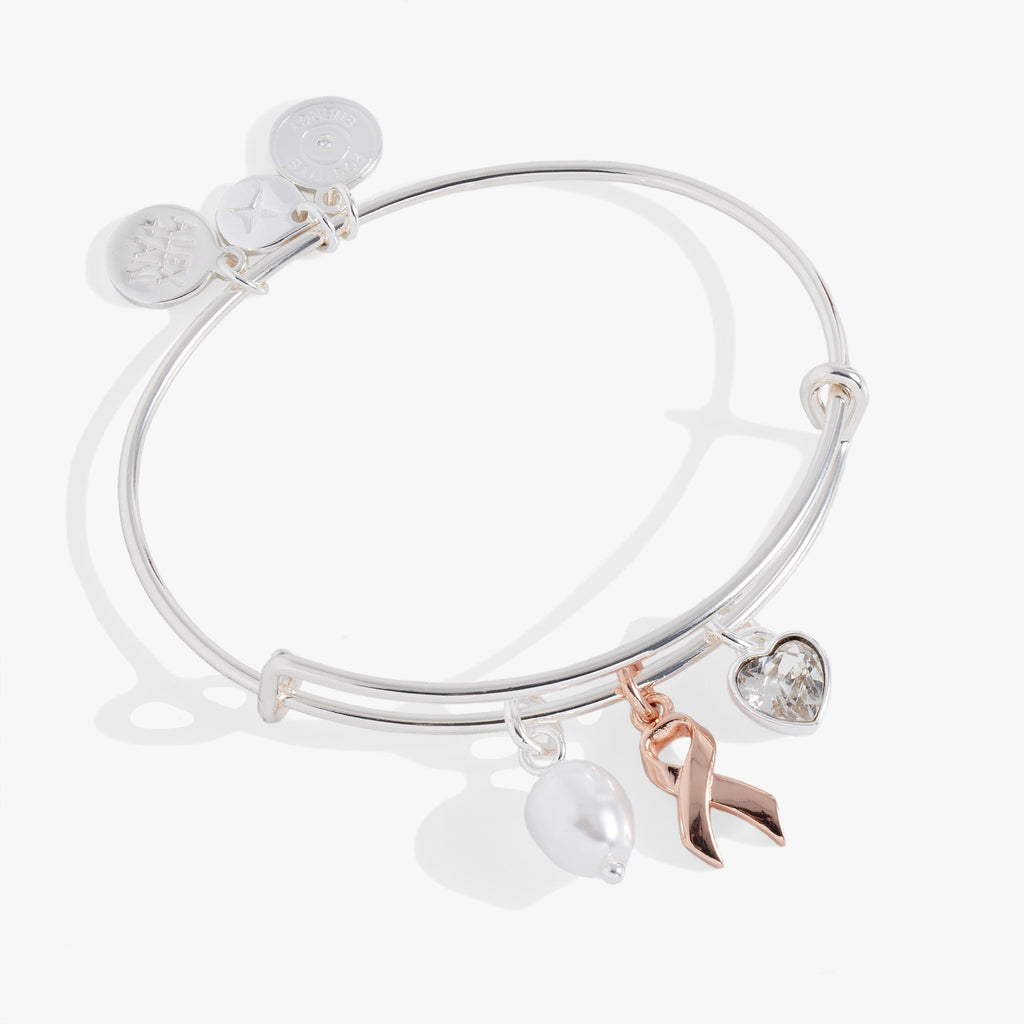 Silver-tone breast cancer awareness charm bangle with crystal heart, pearl, and pink ribbon charms