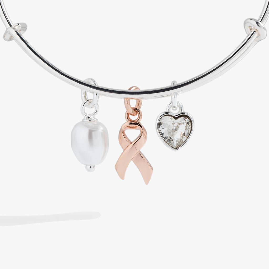 Breast Cancer Awareness Silver Tone Trio Charm Bangle