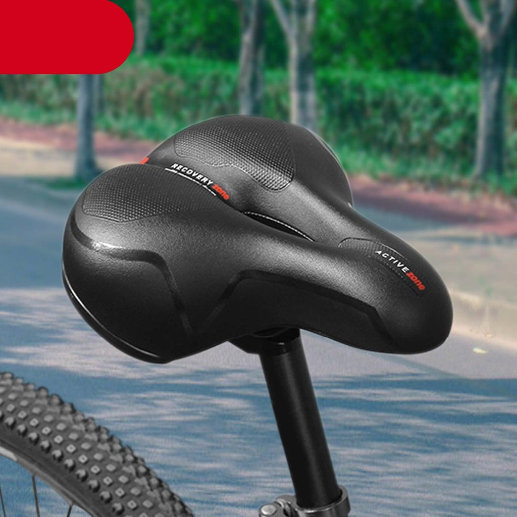 Close-up of a comfortable memory foam bicycle saddle with shock-absorbing balls for road and mountain bikes.