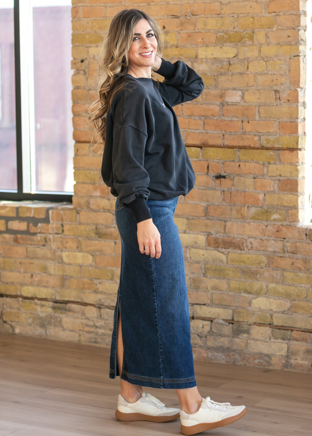 Bria Dark Wash Denim Maxi Skirt | Classic Straight Fit