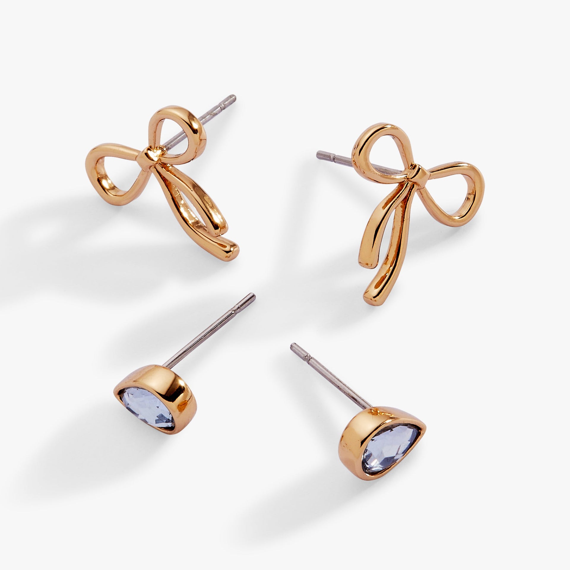 Bow & Teardrop Stud Earring Set in Gold, Silver, and Blue