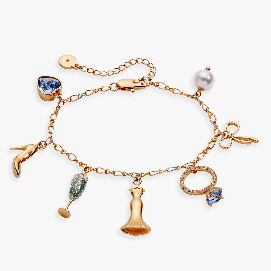 Bridal multi-charm bracelet featuring champagne flute, high heel, and wedding dress charms