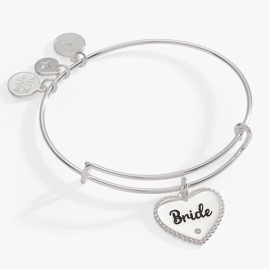 Bride engraved heart charm expandable wire bangle with crystal accent