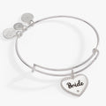 Bride engraved heart charm expandable wire bangle with crystal accent