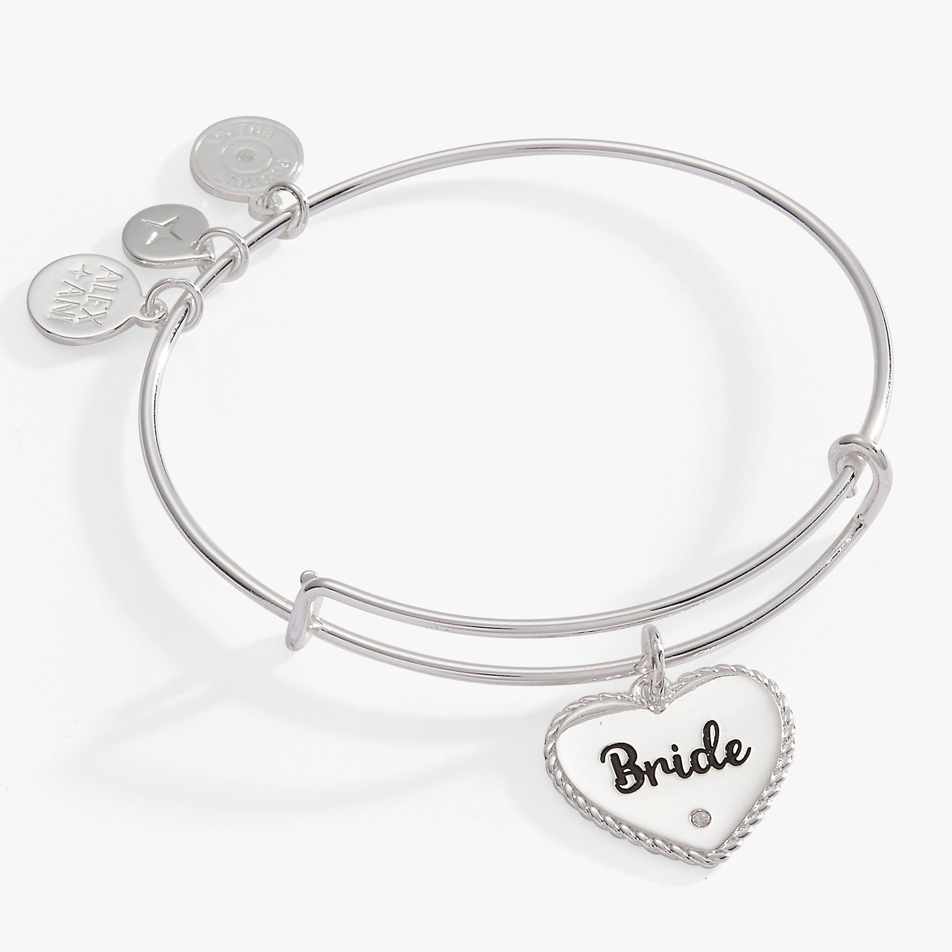 Bride engraved heart charm expandable wire bangle with crystal accent