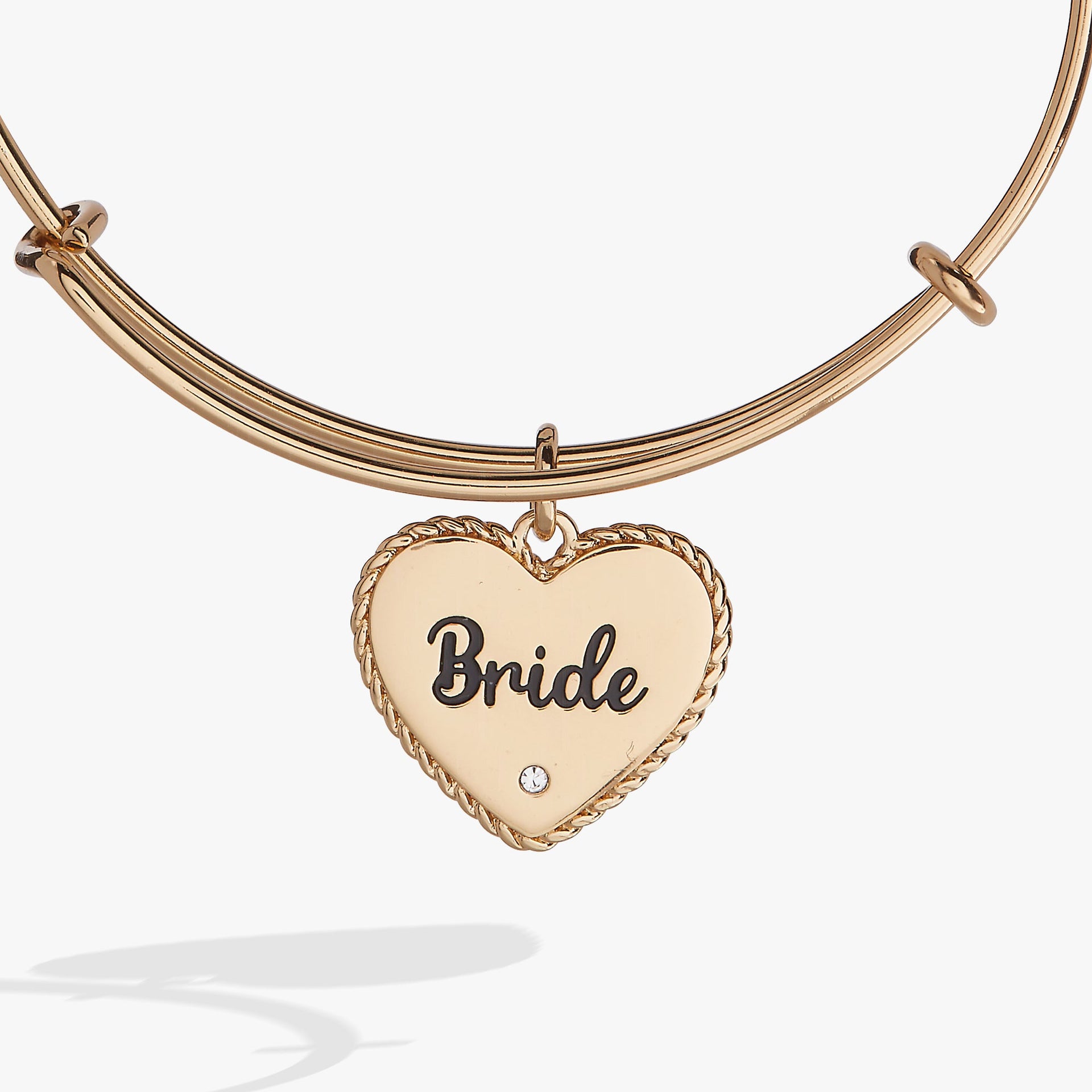 Bride Heart Charm Expandable Wire Bangle with Crystal Accent