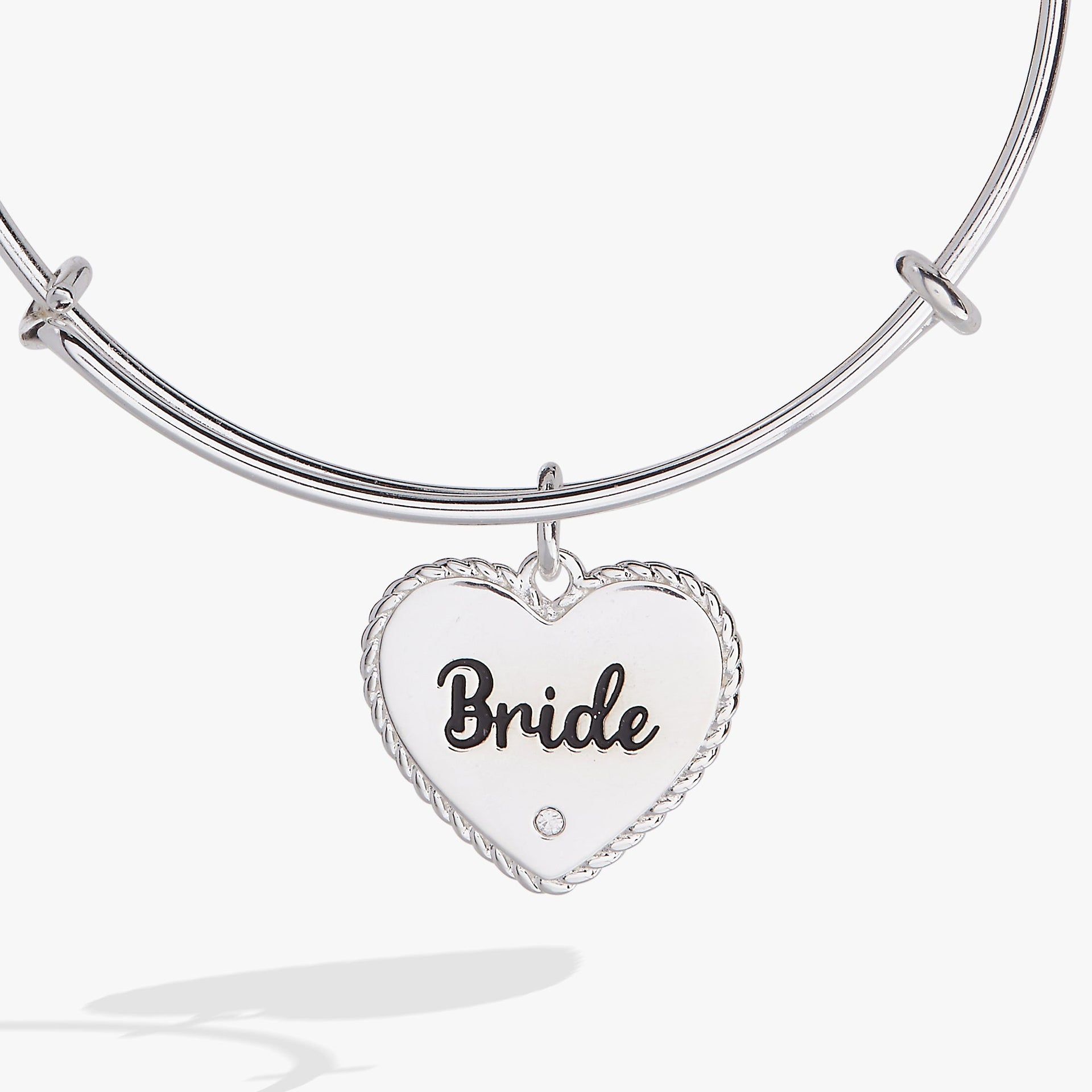 Bride Heart Charm Expandable Wire Bangle with Crystal Accent