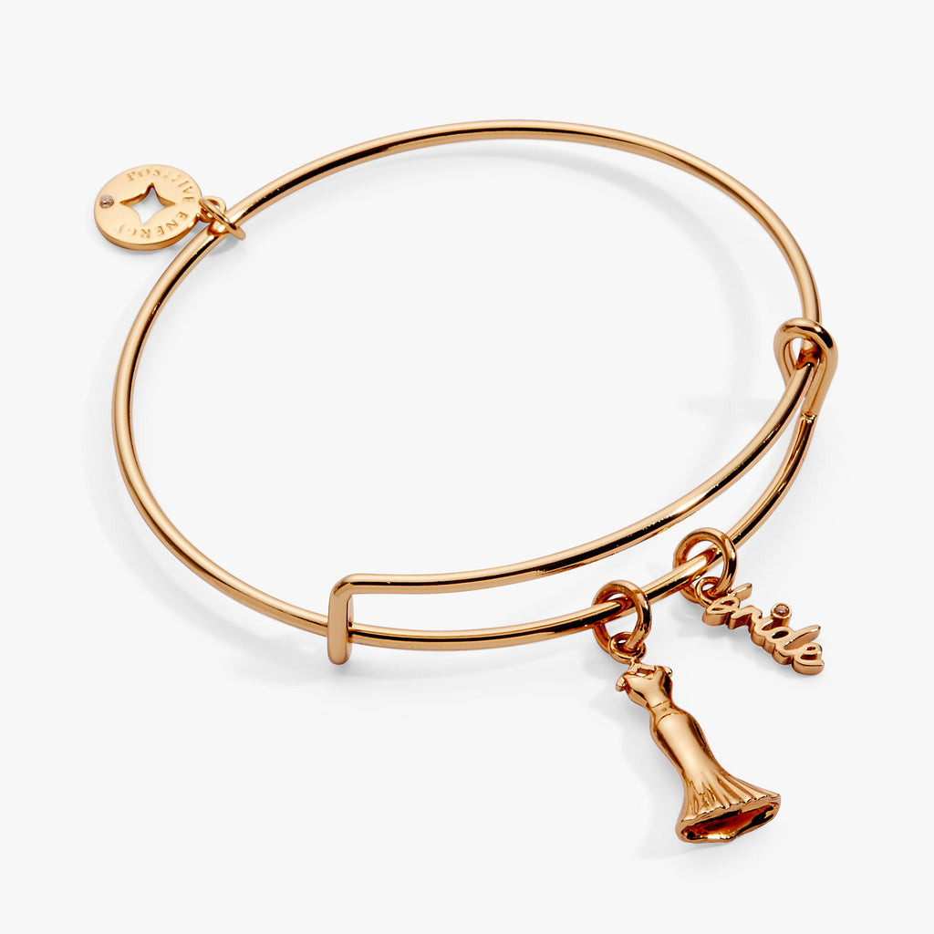 Bridal Gown Duo Charm Bangle featuring a sculptural wedding dress charm and a sparkling Bride charm.