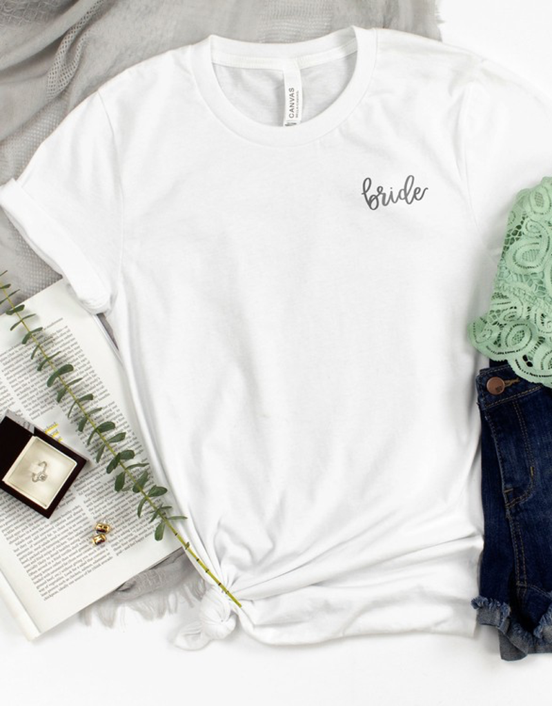 Modern minimalist Bride Tee in cotton with black script lettering, available in white and black.