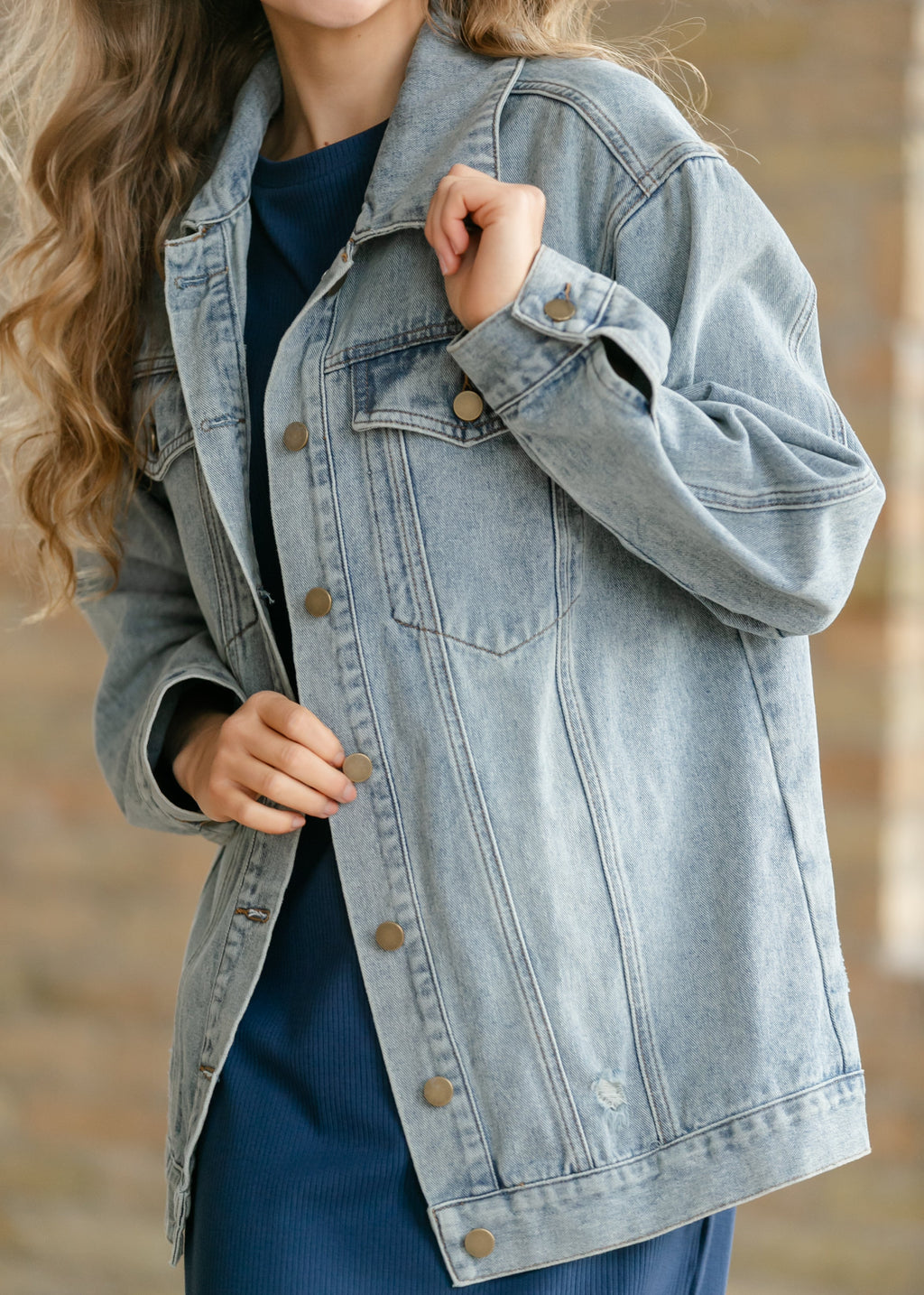Brinx Oversized Denim Jacket | Light Wash Button Front