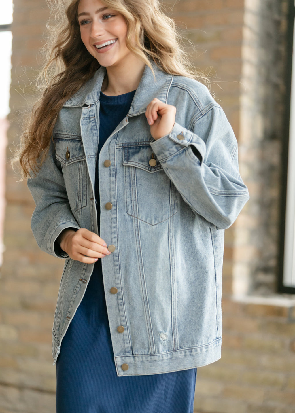 Brinx Oversized Denim Jacket | Light Wash Button Front