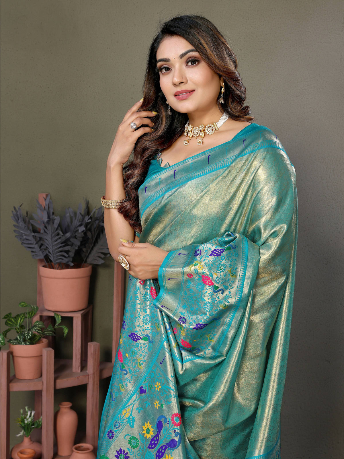Sea Green Tissue Silk Paithani Woven Saree
