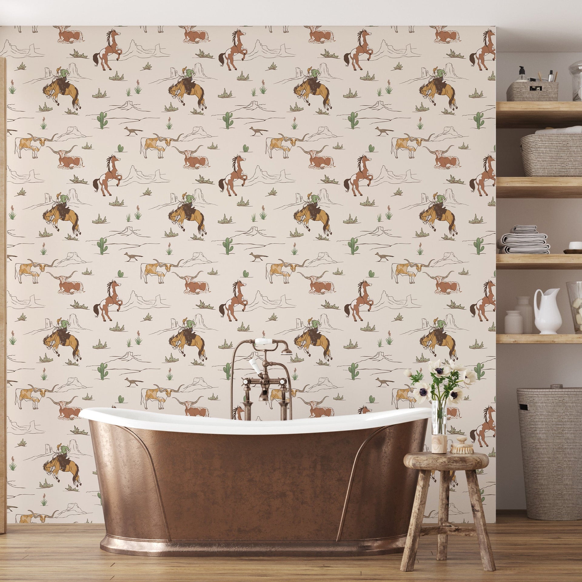 Bronc Western Rustic Farmhouse Wallpaper in Beige and Brown