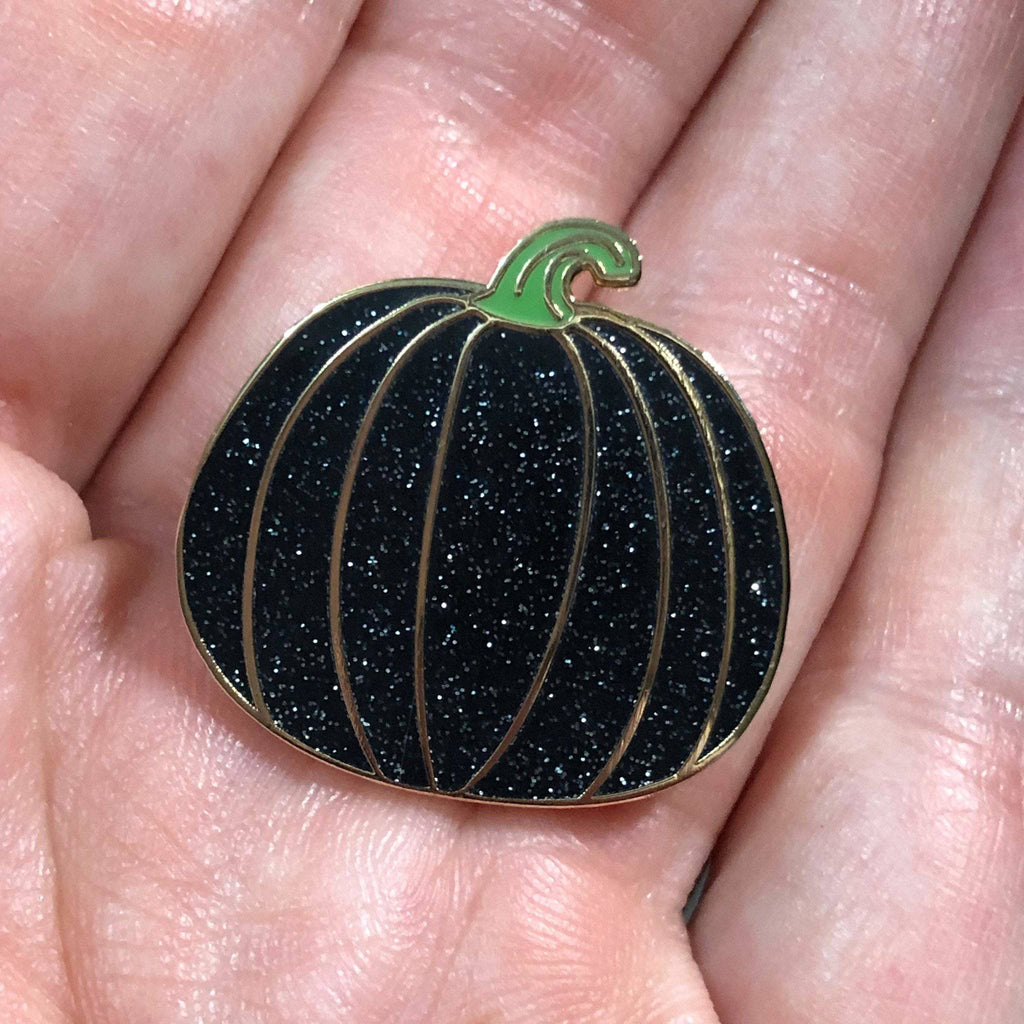 Black Glitter Pumpkin w Green Stem Enamel Pin