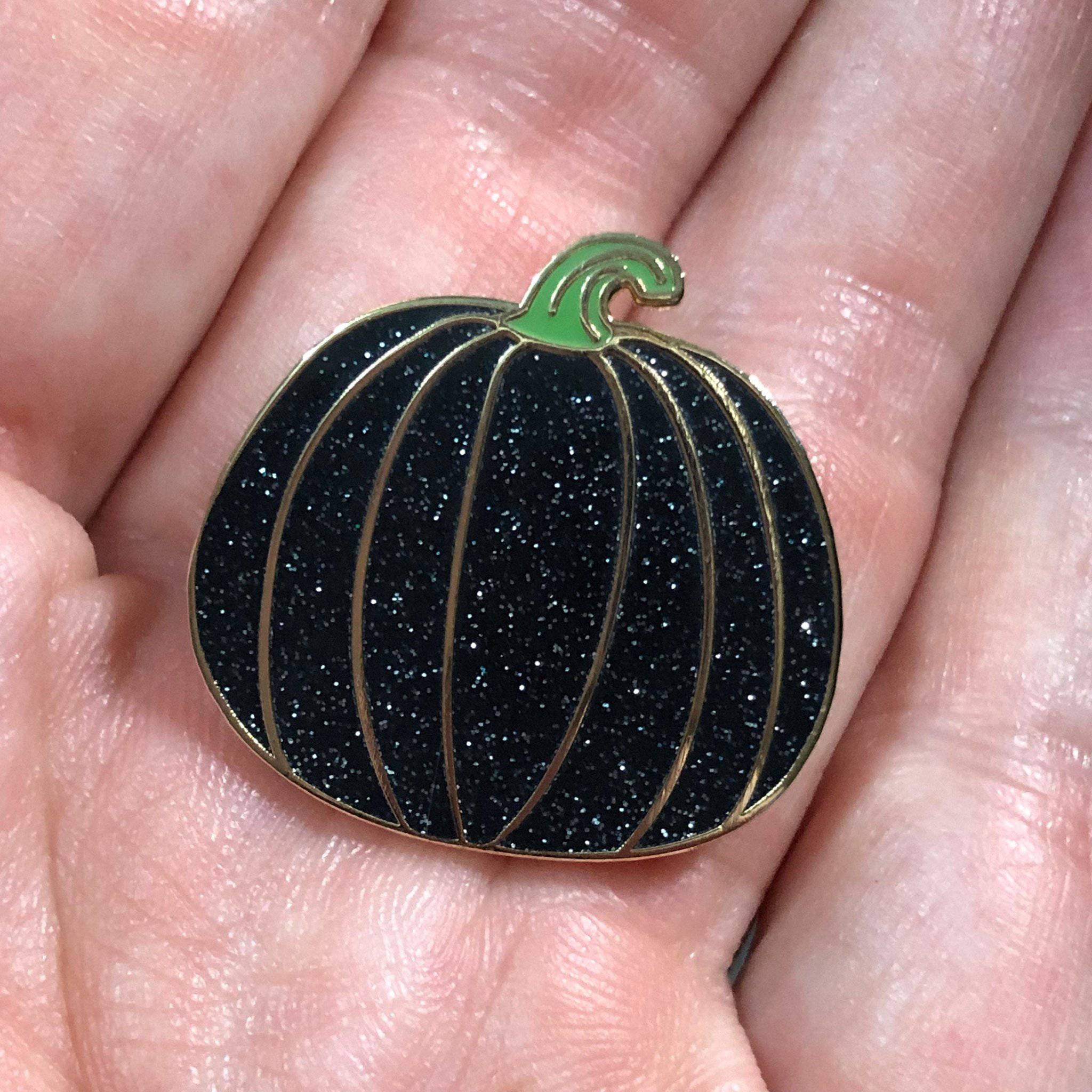 Black Glitter Pumpkin w Green Stem Enamel Pin