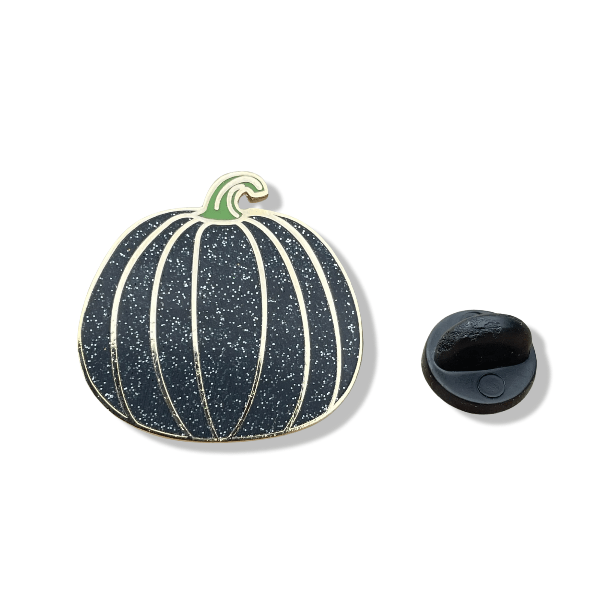 Black Glitter Pumpkin w Green Stem Enamel Pin