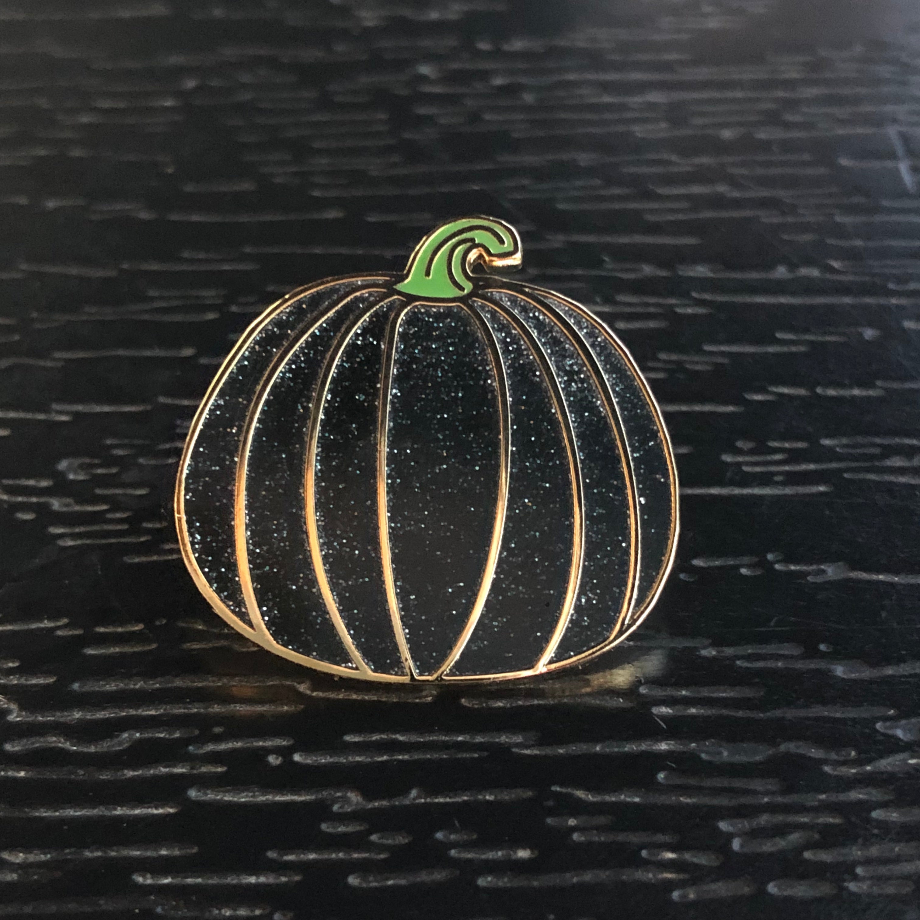 Black Glitter Pumpkin w Green Stem Enamel Pin