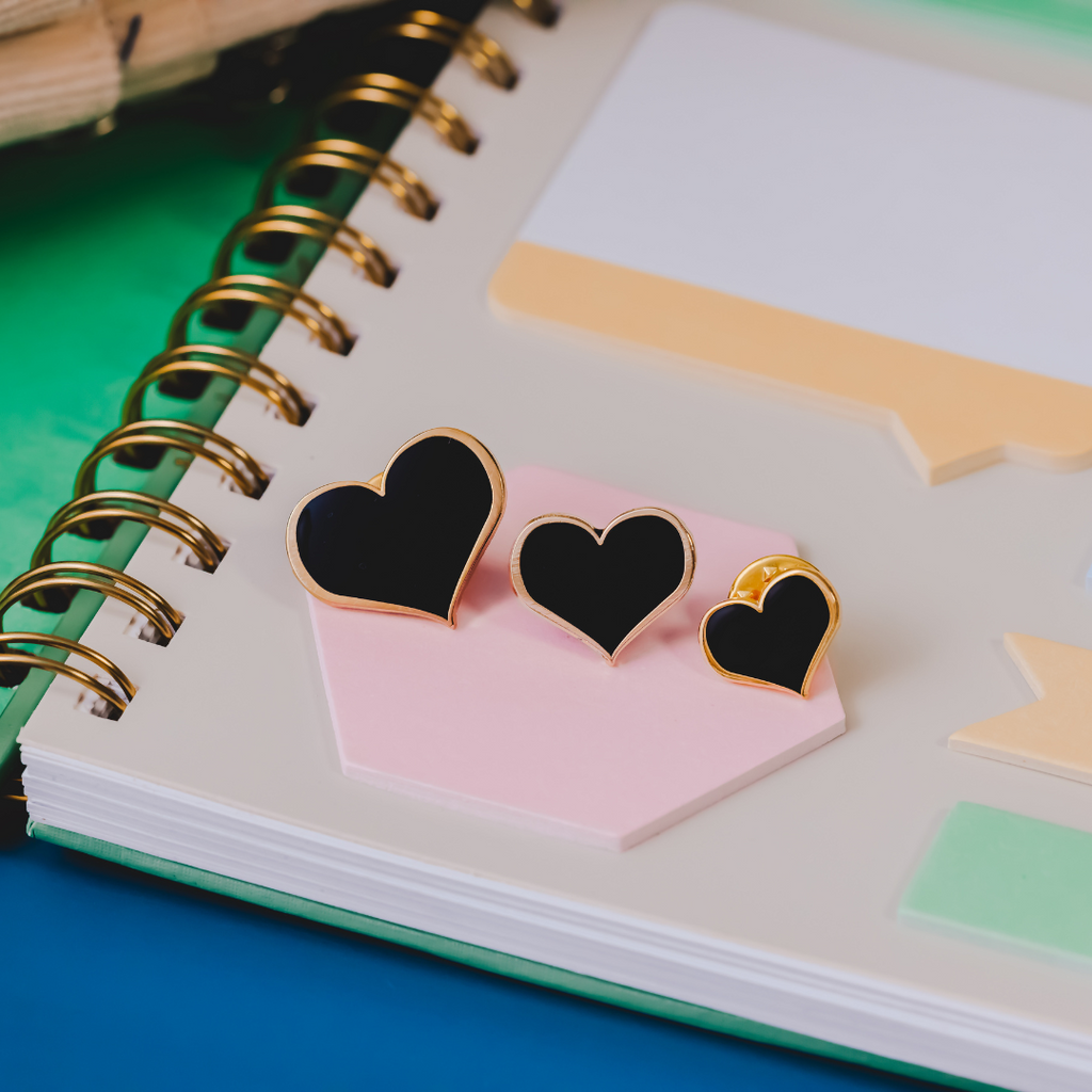 Black Heart Enamel Pin – ¾-inch Everyday Gothic Accent (Also 1, ½ and ¼-inch)