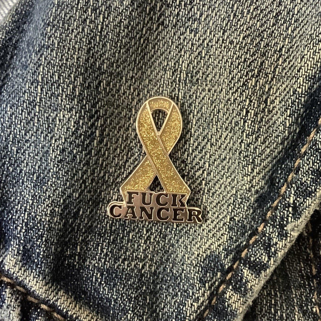 Cancer Awareness Pin – Gold Glitter Ribbon Lapel Pin with Bold Cancer Statement