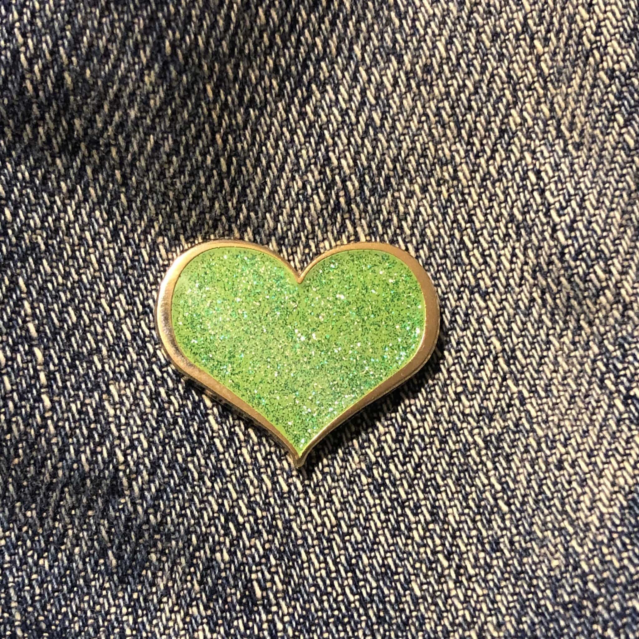Green Heart Enamel Pin - Glitter Sparkly Hard Enamel Lapel Badge
