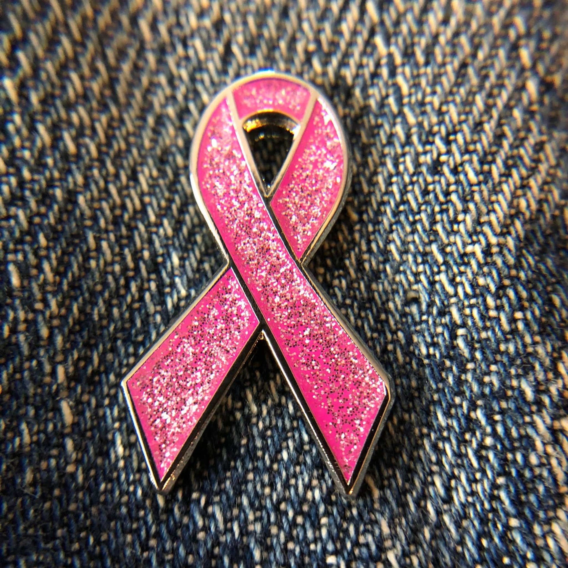 Pink Awareness Ribbon Pin - Glitter Enamel Lapel Badge With Secure Post