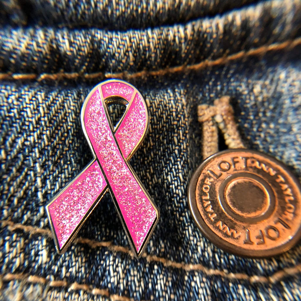 Bright Pink Awareness Ribbon Enamel Pin with Glitter