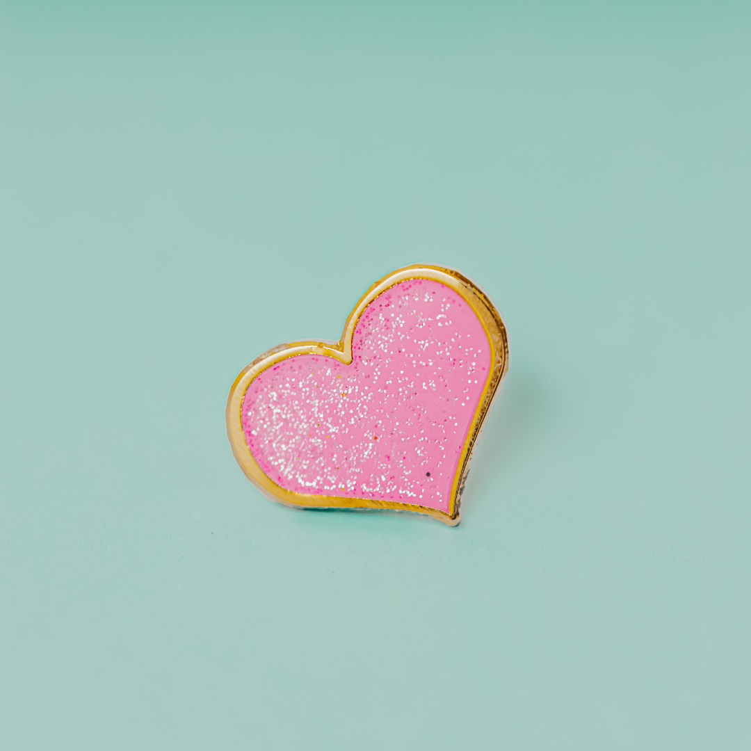 Pink Glitter Heart Enamel Pin - 1/2-inch or 1-inch