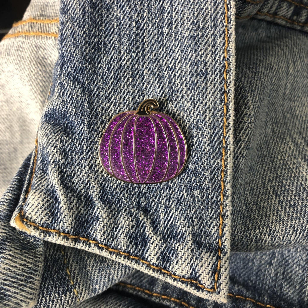 Purple Glitter Pumpkin Pin – Hard Enamel Pin with Black Stem & Secure Post
