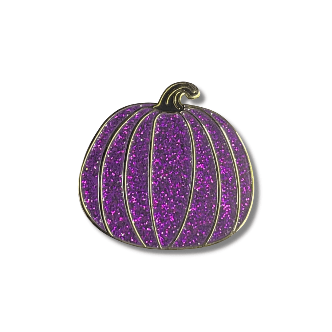 Purple Glitter Pumpkin Pin – Hard Enamel Pin with Black Stem & Secure Post