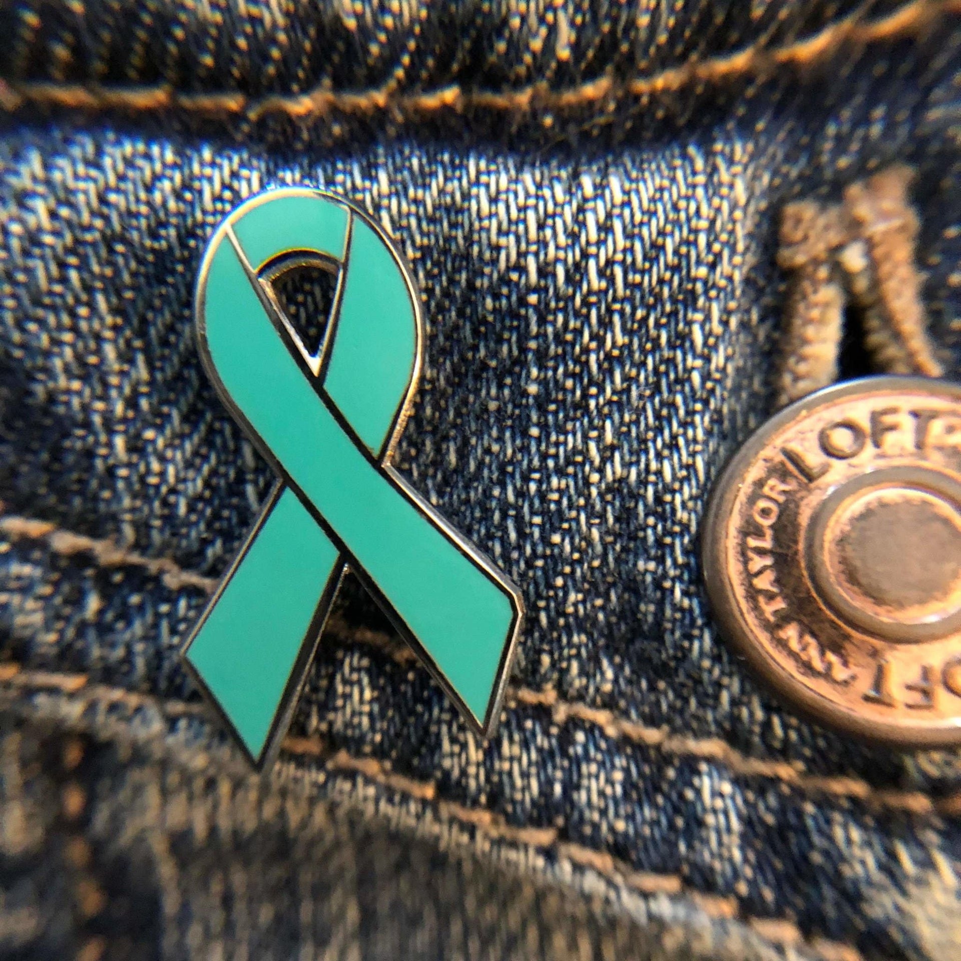 Teal Blue Awareness Ribbon Enamel Pin – Support for Ovarian Cancer, Sexual Assault & PTSD