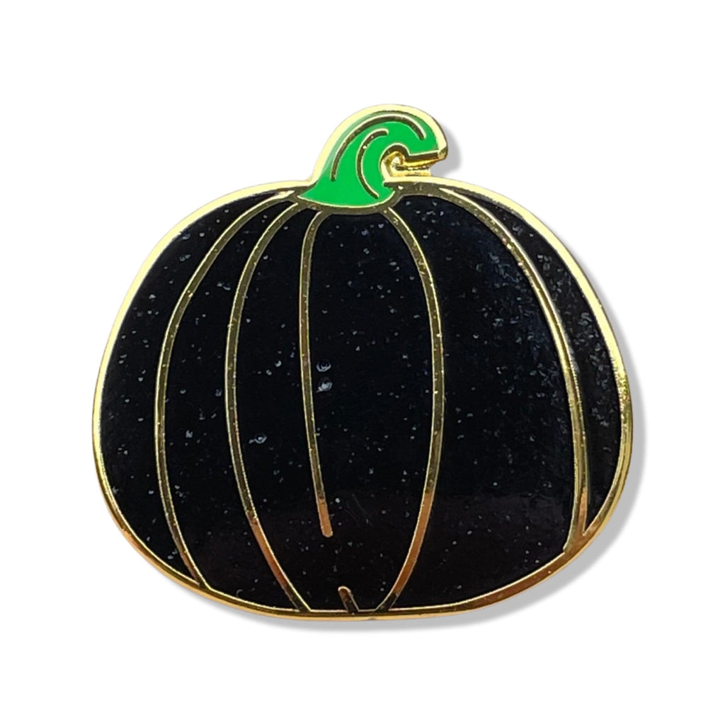 The Enchanting Black Pumpkin Lapel Pin with a Green Stem