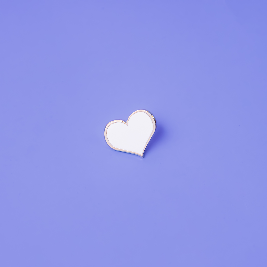 White Heart Enamel Pin – ¾-inch Everyday Symbol of Love & Peace (Also 1 and ½-inch)