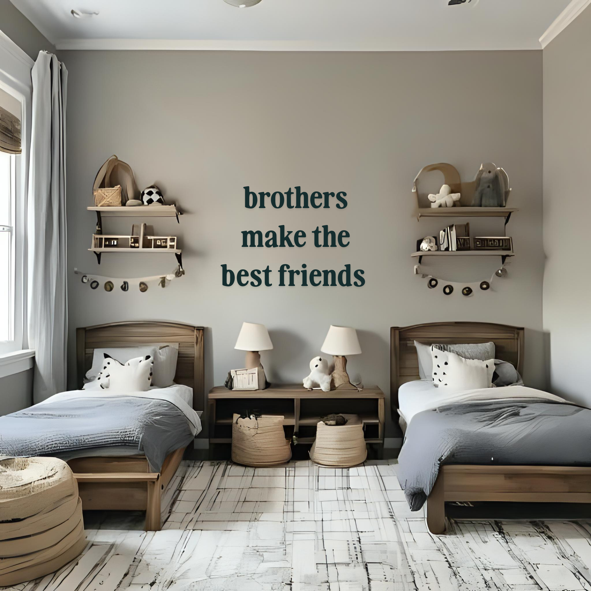 Farmhouse style wall sign with dark green text reading Brothers Make the Best of Friends on a neutral grey background.