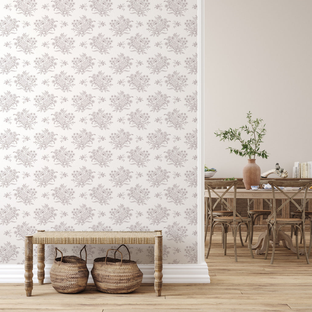 Classic floral patterned wallpaper in white, grey, taupe, and blue for cottagecore decor