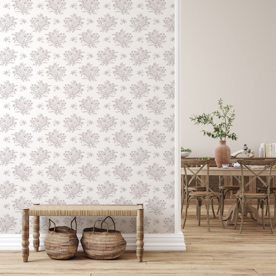 Classic floral patterned wallpaper in white, grey, taupe, and blue for cottagecore decor