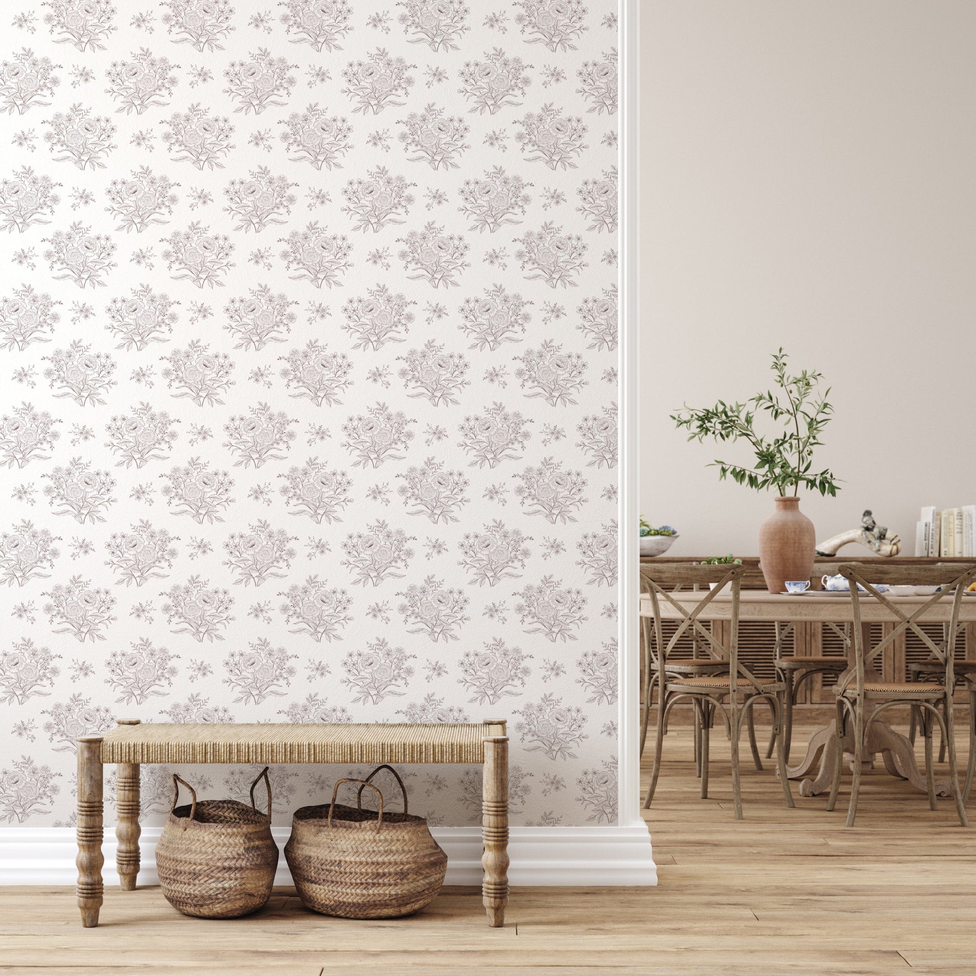 Classic floral patterned wallpaper in white, grey, taupe, and blue for cottagecore decor