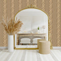 Scottie modern-farmhouse bohemian wallpaper in brown, tan, pink, and white.