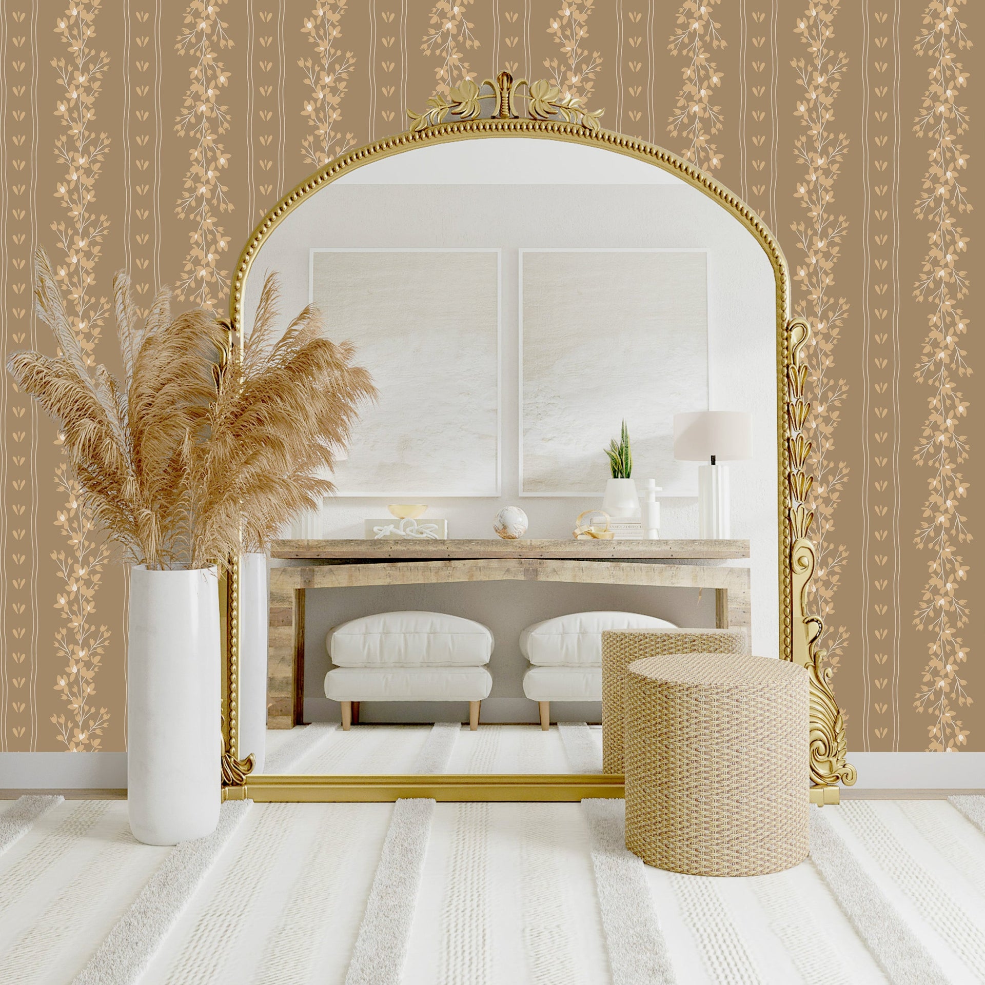 Scottie modern-farmhouse bohemian wallpaper in brown, tan, pink, and white.